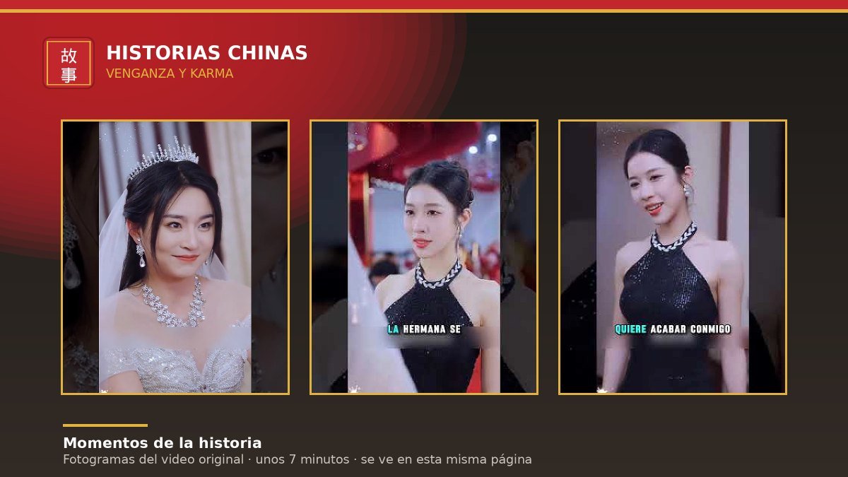 Tres momentos del video: la novia con velo y tiara, y la hermana mayor vestida de negro en el salón de la boda