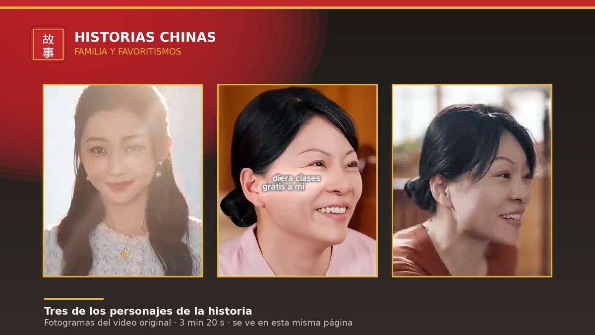 Tres personajes de la historia en fotogramas del video original: una joven, una mujer que dice la frase sobre dar clases gratis y una tercera mujer de perfil