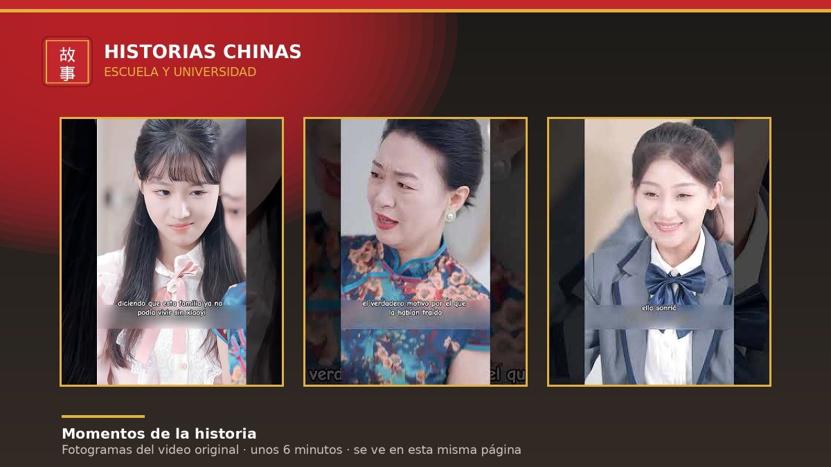 Tres momentos del video: la falsa heredera, la madre en la escena donde se descubre el motivo real, y la protagonista con el uniforme del instituto
